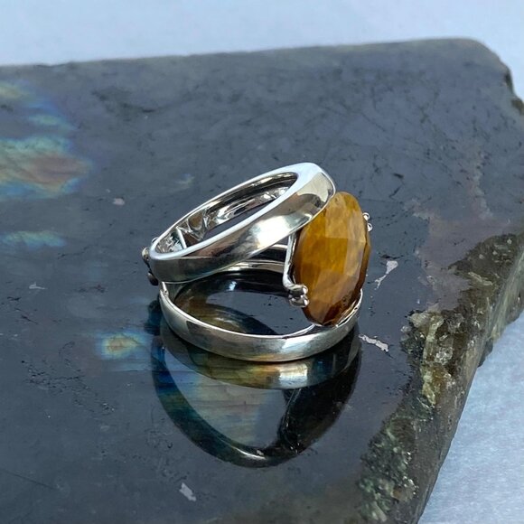 Signed Sterling Silver 925 Faceted Tigers Eye Split Shank Wide Band Ring 6.75 - Picture 13 of 16